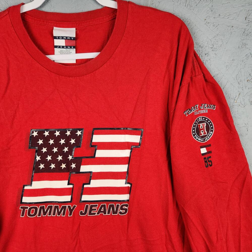Vintage Tommy Jeans Shirt Mens 2XL Red H Flag Graphic 85 USA Logo Hilfiger Y2k